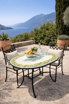 Preview: Ovaler Lavasteintisch mit Zitronen- und Gänseblümchendekor – mediterrane Eleganz in kunstvoller Handarbeit